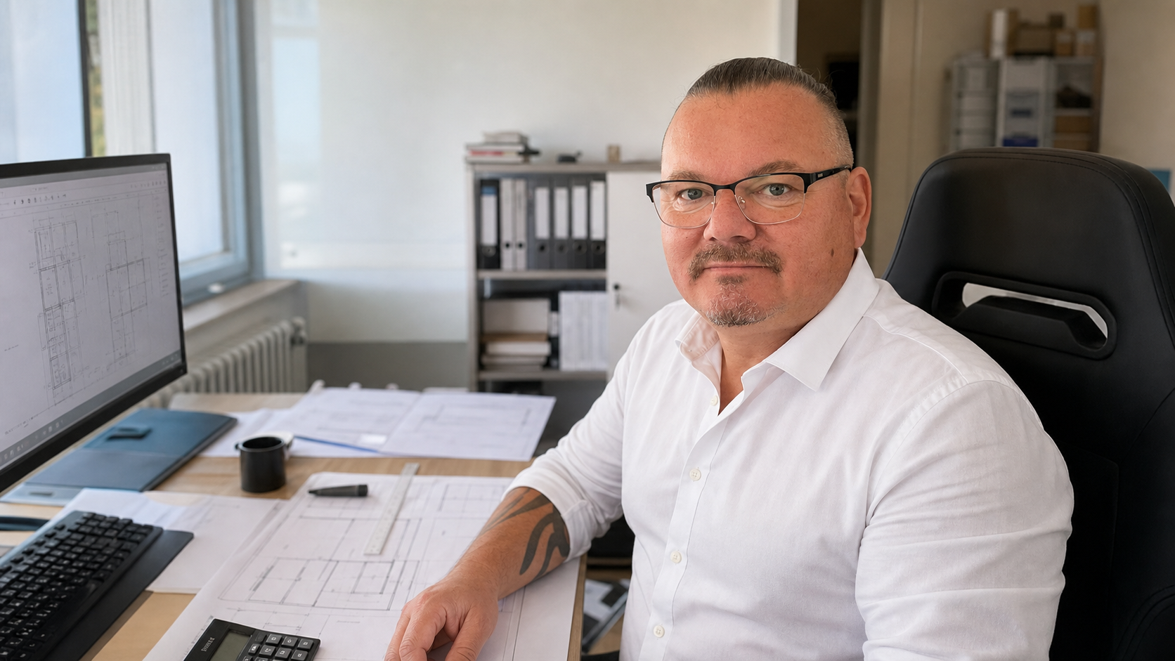 Porträt von Alexander Weiß am Schreibtisch, auf Basis eigener Fotos mit KI gestaltet